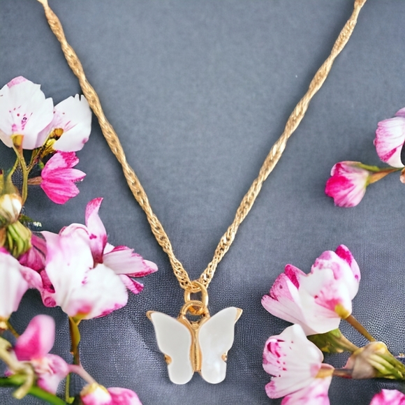Gold Tone White Butterfly Pendant Necklace - Picture 8 of 11